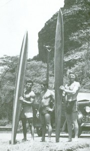 From Left:  Russ Takaki, Rabbit Kekai and Wally Froiseth at Makaha Beach in 1949.   (courtesy Wally Froiseth)